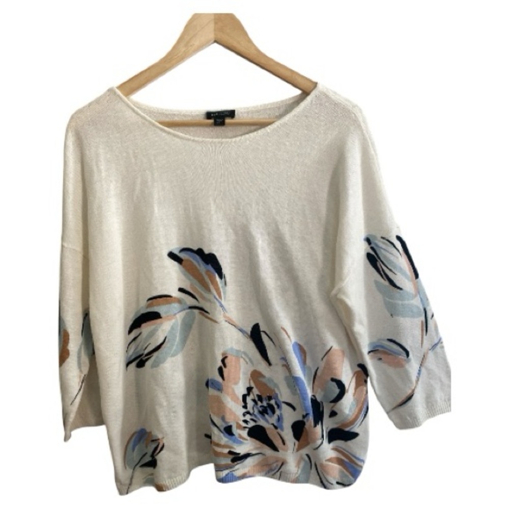J Jill Wearever Collection Linen Blend Knit Floral Design Top Petite Large